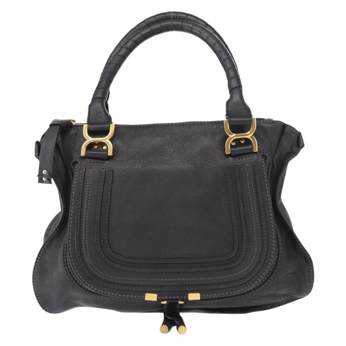 Chloe Marcie Hand Bag Leather Black Gold Auth am9872