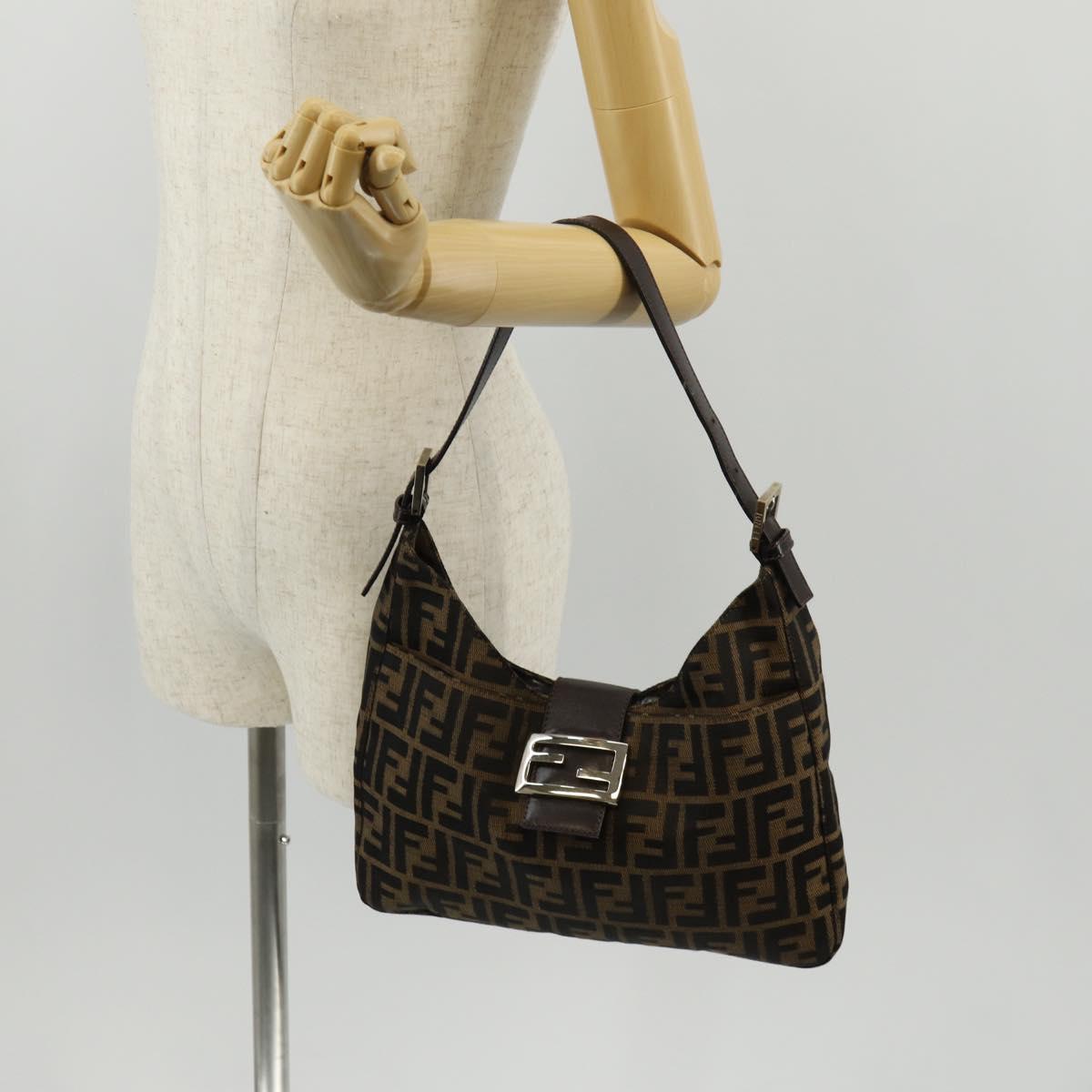 FENDI Zucca Canvas Mamma Baguette Shoulder Bag Black Brown Auth am9876V