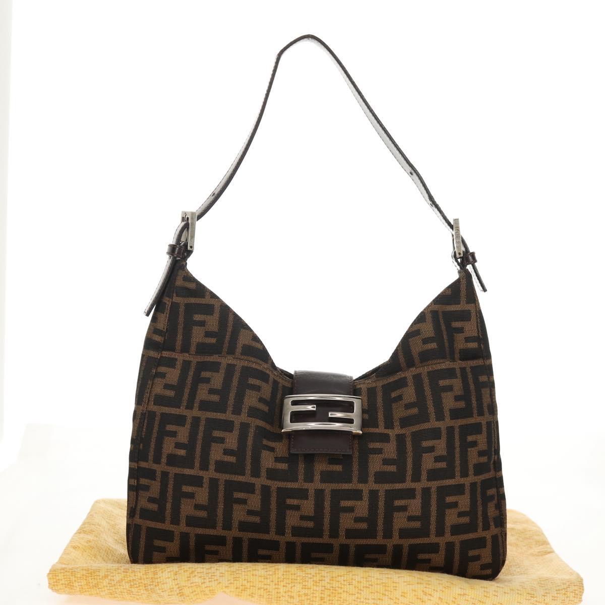 FENDI Zucca Canvas Mamma Baguette Shoulder Bag Black Brown Auth am9876V