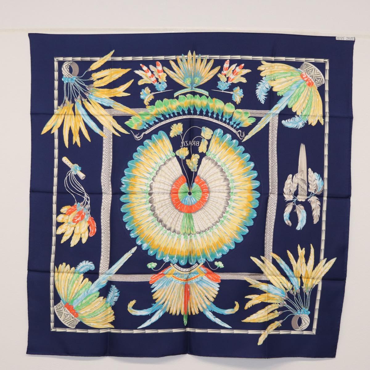 HERMES Carre 90 Scarf Silk ""BRAZIL"" Navy Auth am9883