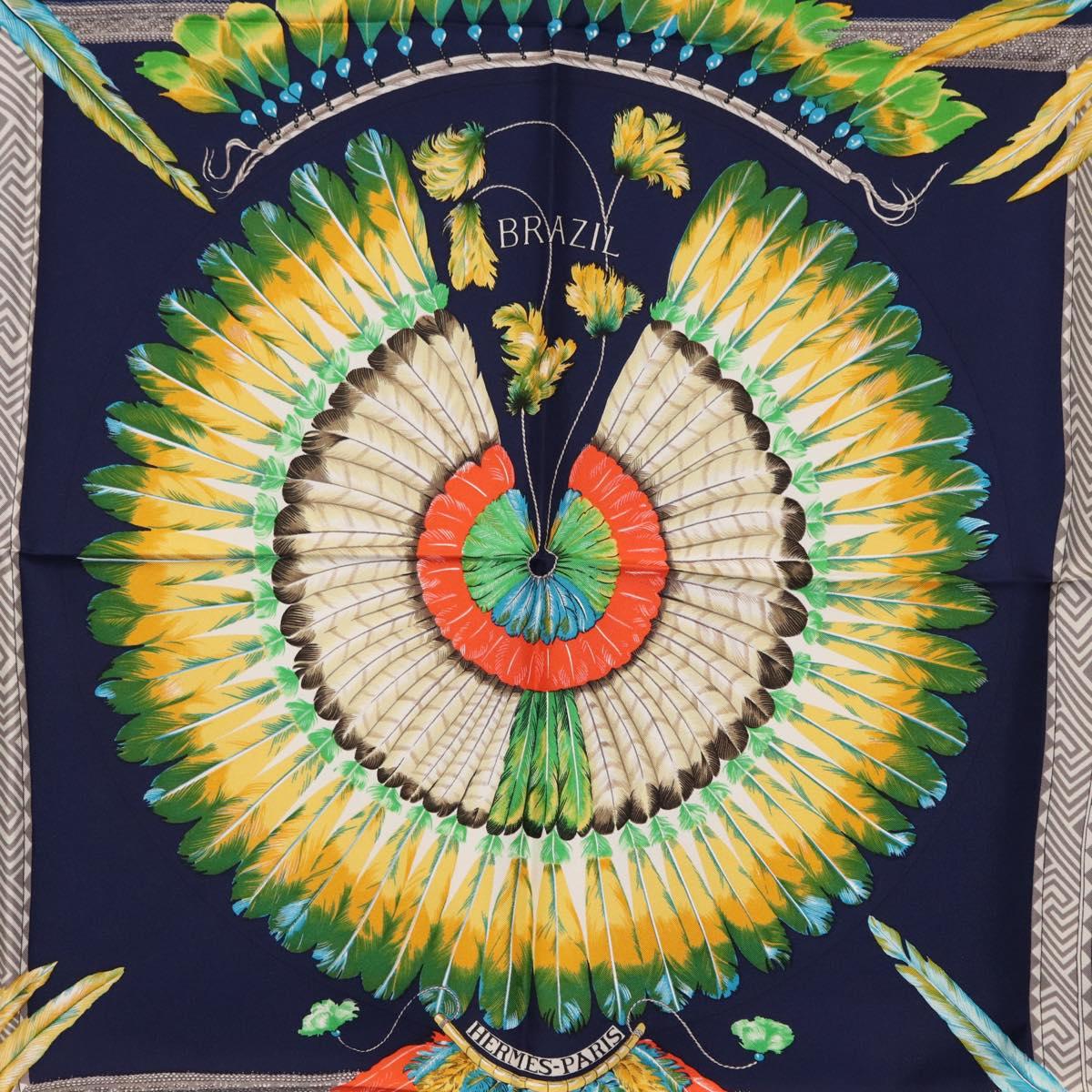 HERMES Carre 90 Scarf Silk ""BRAZIL"" Navy Auth am9883