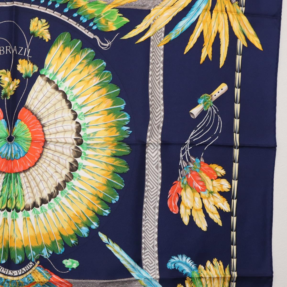 HERMES Carre 90 Scarf Silk ""BRAZIL"" Navy Auth am9883
