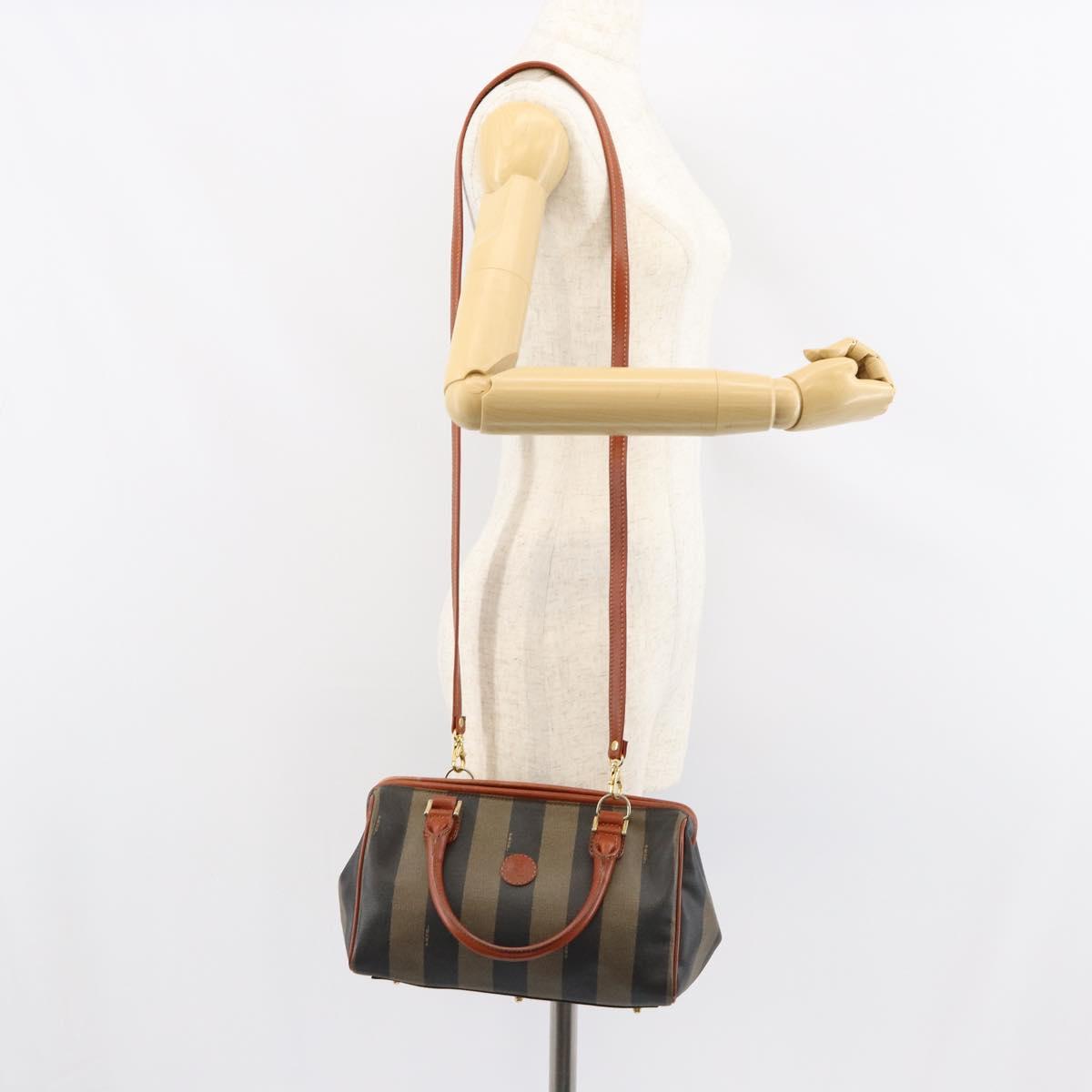 FENDI Pecan Canvas Mini Boston Bag PVC 2way Black Brown gold Auth am9884