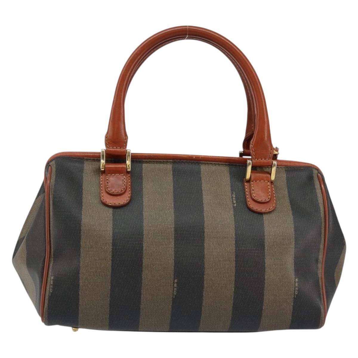 FENDI Pecan Canvas Mini Boston Bag PVC 2way Black Brown gold Auth am9884