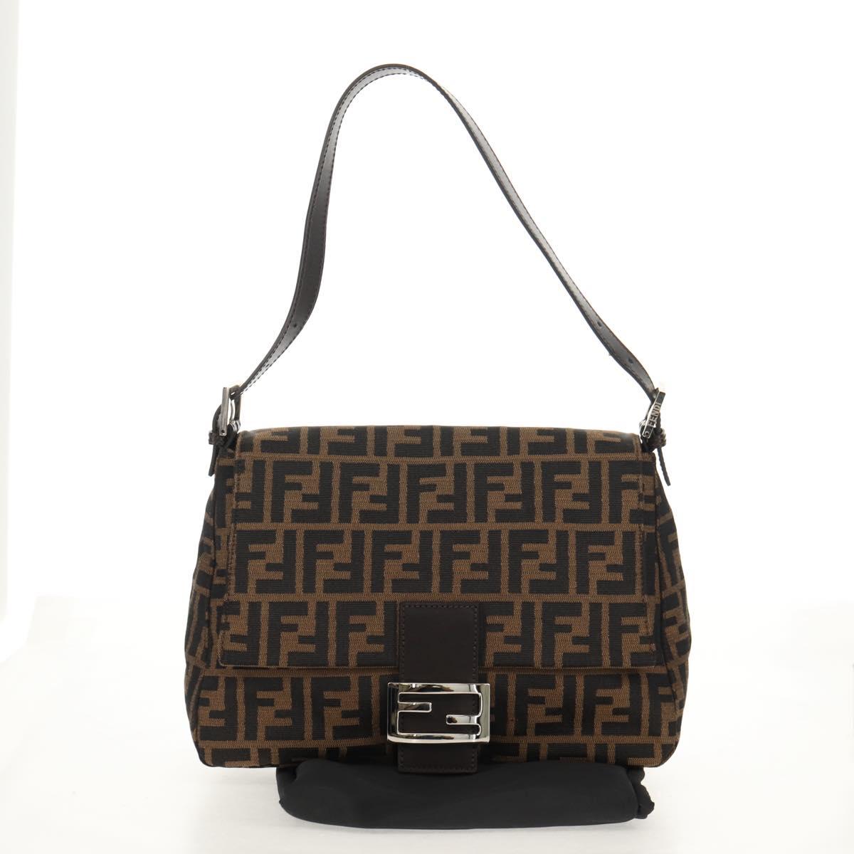 FENDI Zucca Canvas Mamma Baguette Shoulder Bag Black Brown Auth am9894V