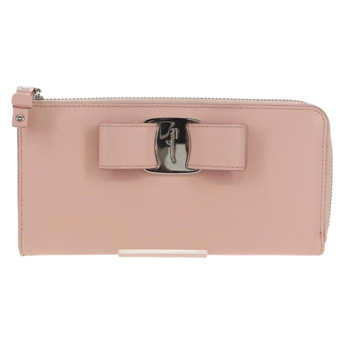 Salvatore Ferragamo Vala Long Wallet Leather Pink Silver Auth am9912V