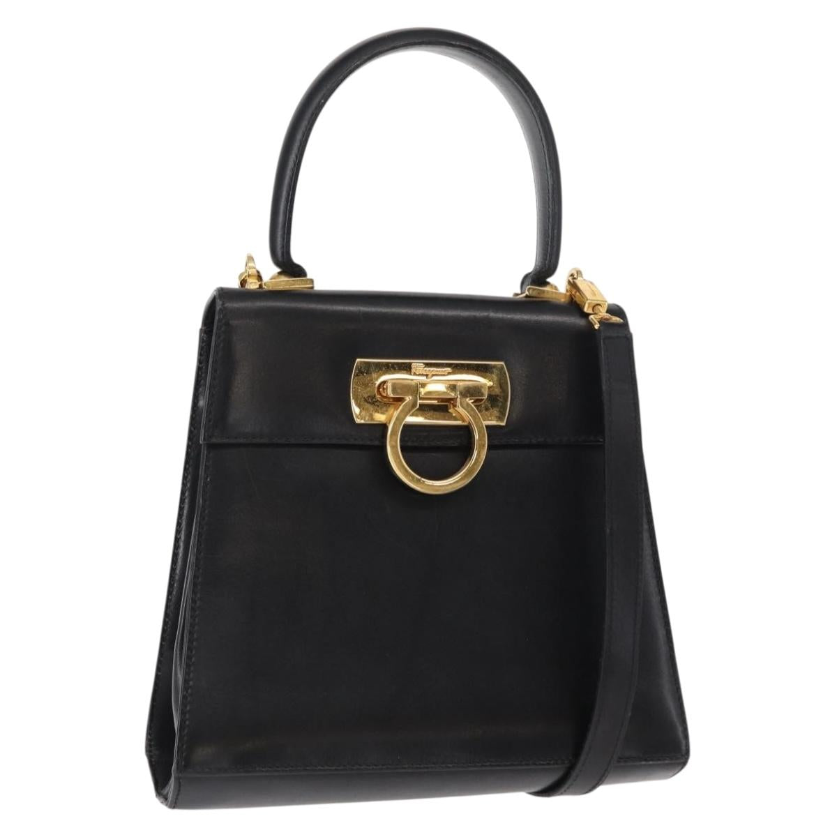 Salvatore Ferragamo Gancini Hand Bag Leather 2way Black Silver Auth am9914