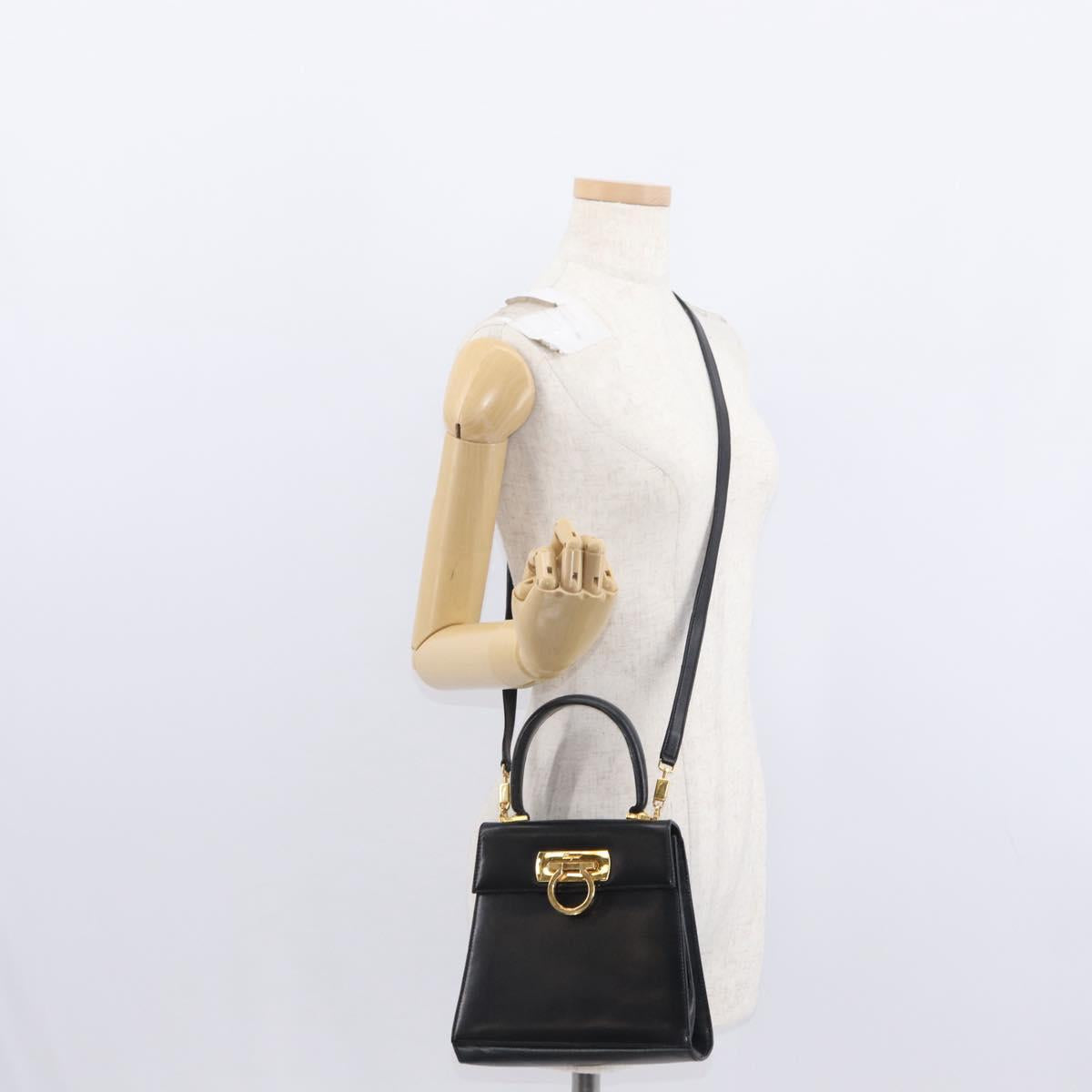 Salvatore Ferragamo Gancini Hand Bag Leather 2way Black Silver Auth am9914
