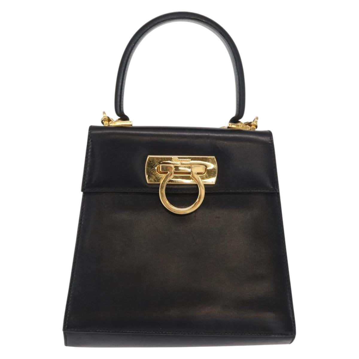 Salvatore Ferragamo Gancini Hand Bag Leather 2way Black Silver Auth am9914