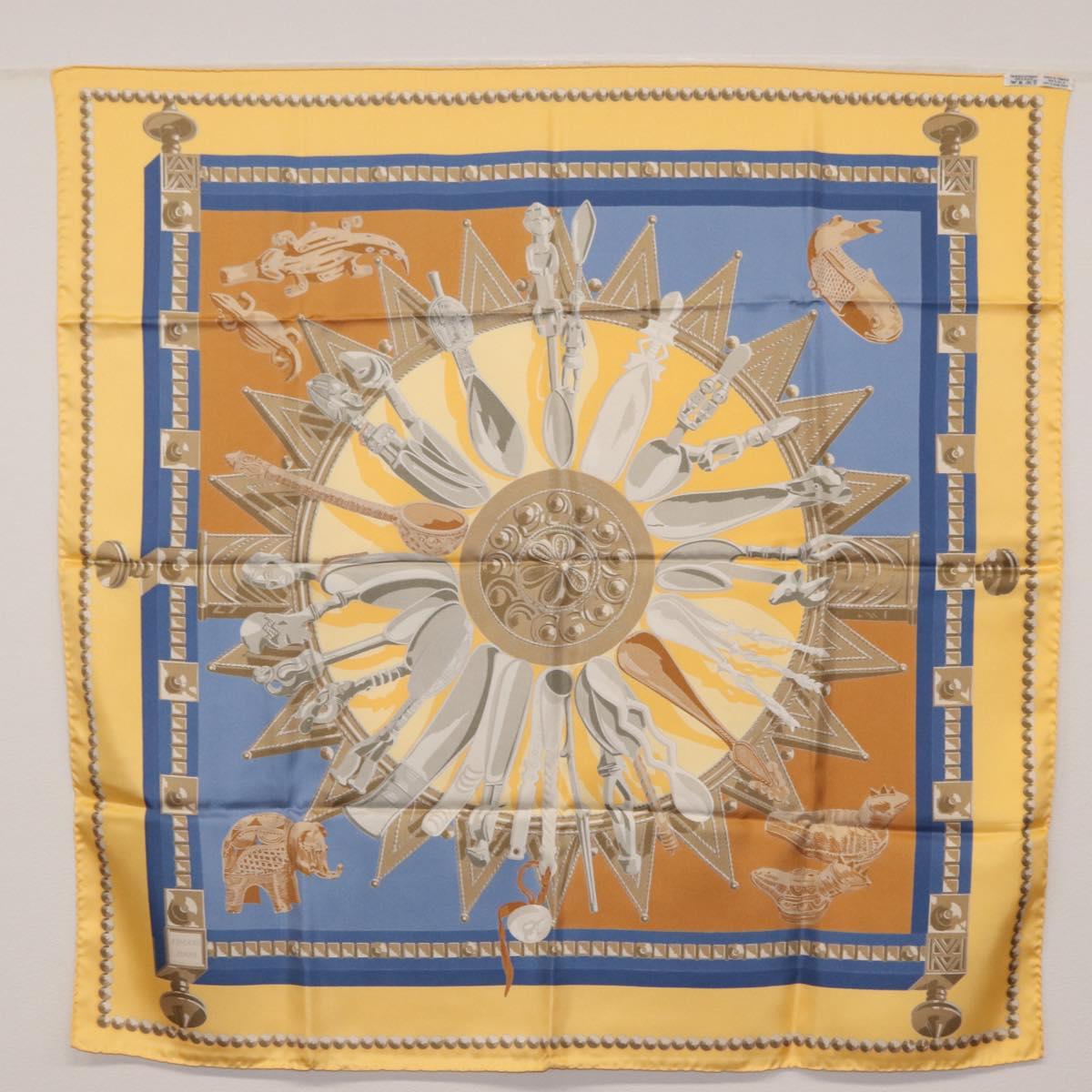 HERMES Carre 90 Scarf ""CUILLERS D'AFRIQUE"" Silk Yellow Auth am9940