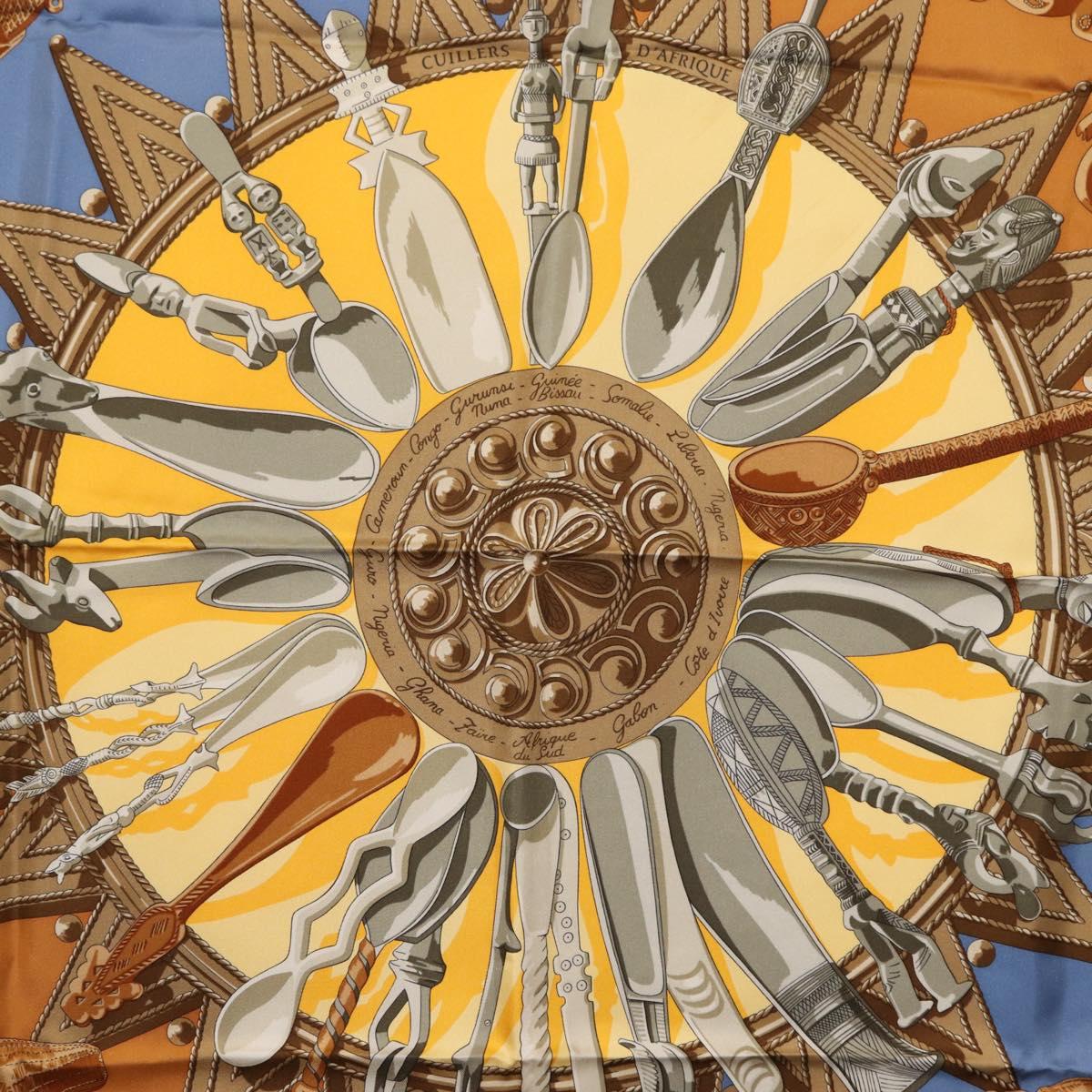 HERMES Carre 90 Scarf ""CUILLERS D'AFRIQUE"" Silk Yellow Auth am9940