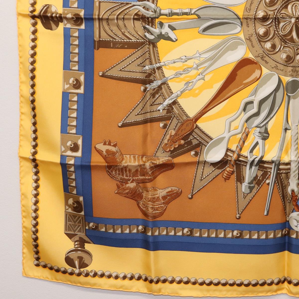 HERMES Carre 90 Scarf ""CUILLERS D'AFRIQUE"" Silk Yellow Auth am9940