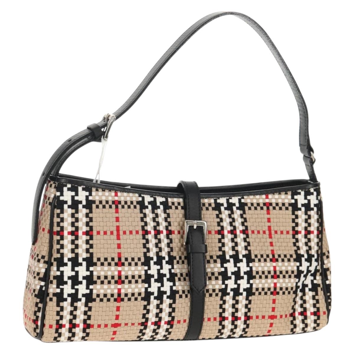 BURBERRY Nova Check Hand Bag Nylon Beige Silver Auth am9944V