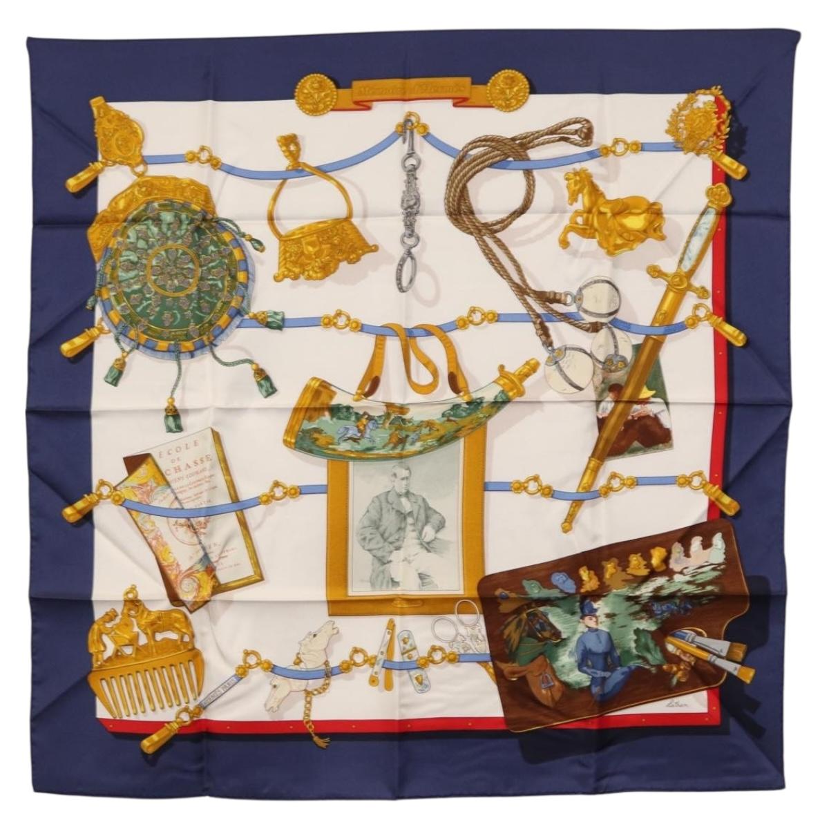 HERMES Carre 90 Scarf ""Memoire d'Hermes"" Silk Navy Auth am9945