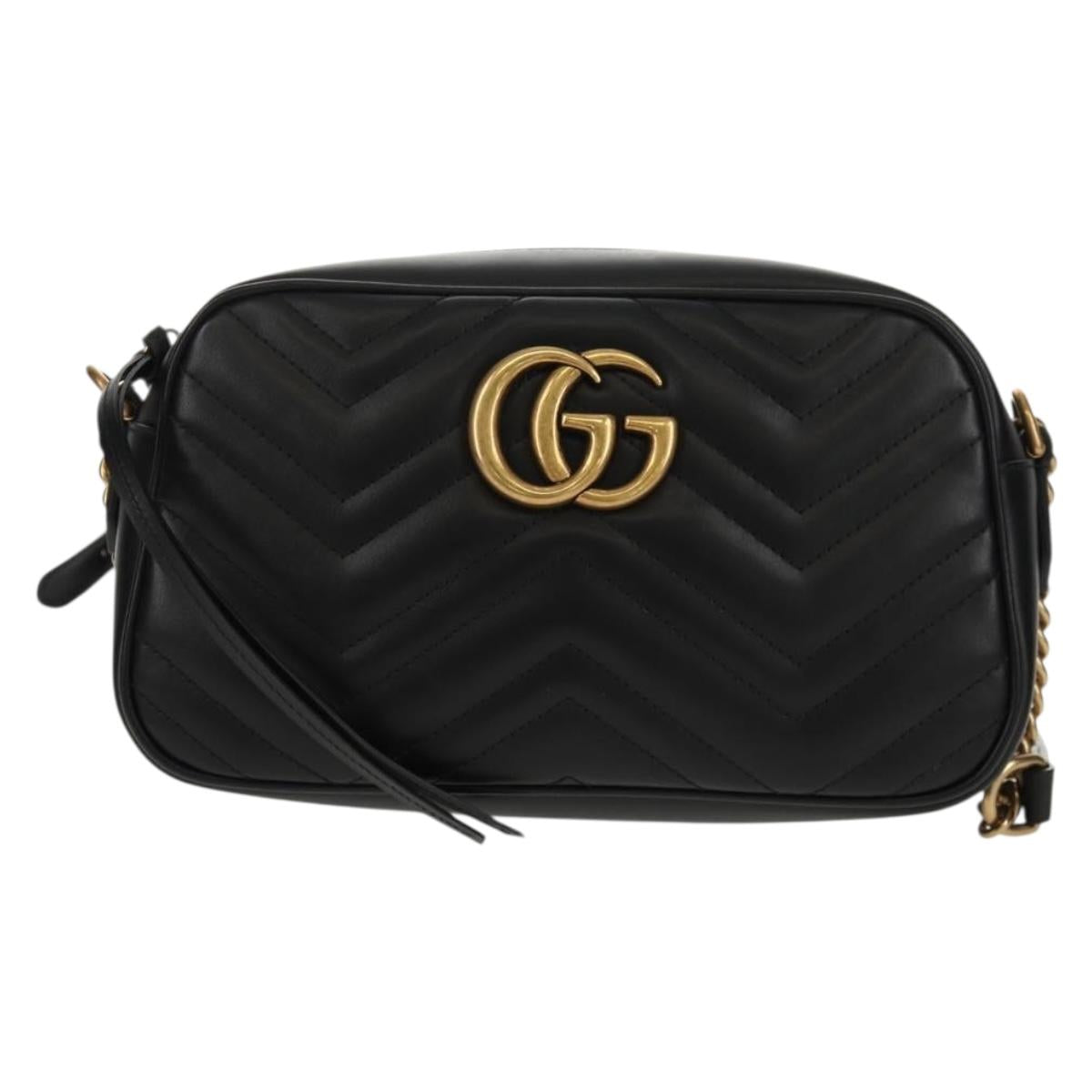 GUCCI Chain GG Marmont Shoulder Bag Leather Black Gold 447632 Auth am9985M