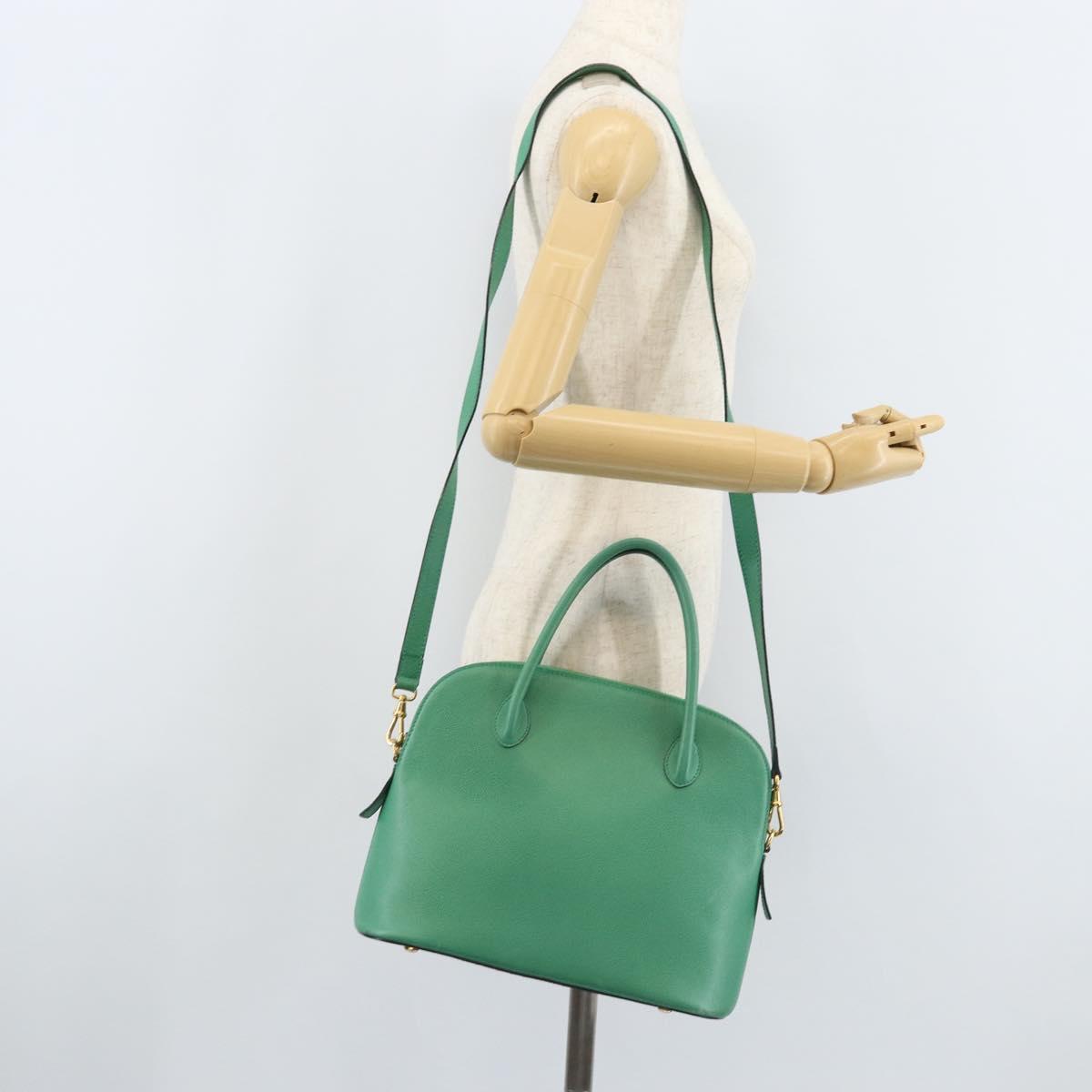 CELINE Hand Bag Leather 2way Green Gold Auth AMZ034A