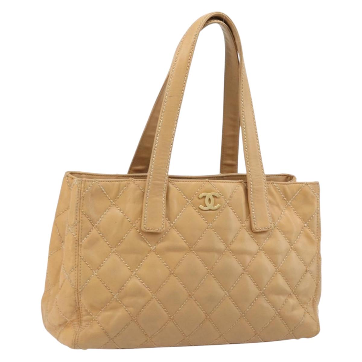 CHANEL Wild Stitch Hand Bag Leather Beige Gold CC Auth AMZ064