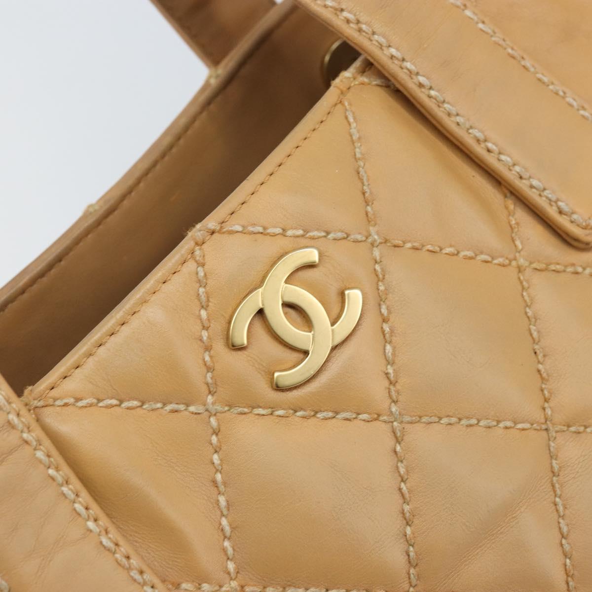CHANEL Wild Stitch Hand Bag Leather Beige Gold CC Auth AMZ064