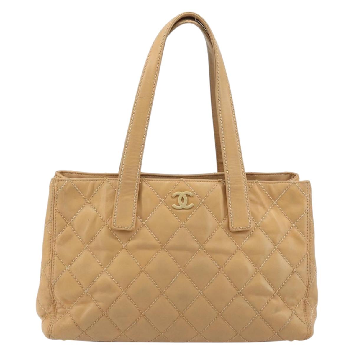 CHANEL Wild Stitch Hand Bag Leather Beige Gold CC Auth AMZ064
