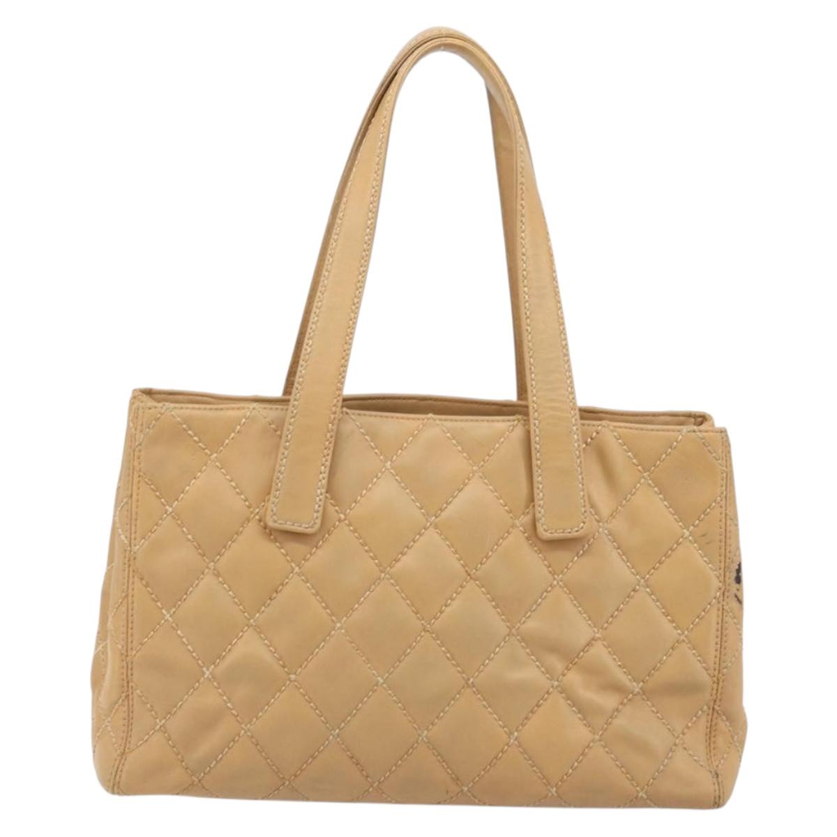 CHANEL Wild Stitch Hand Bag Leather Beige Gold CC Auth AMZ064