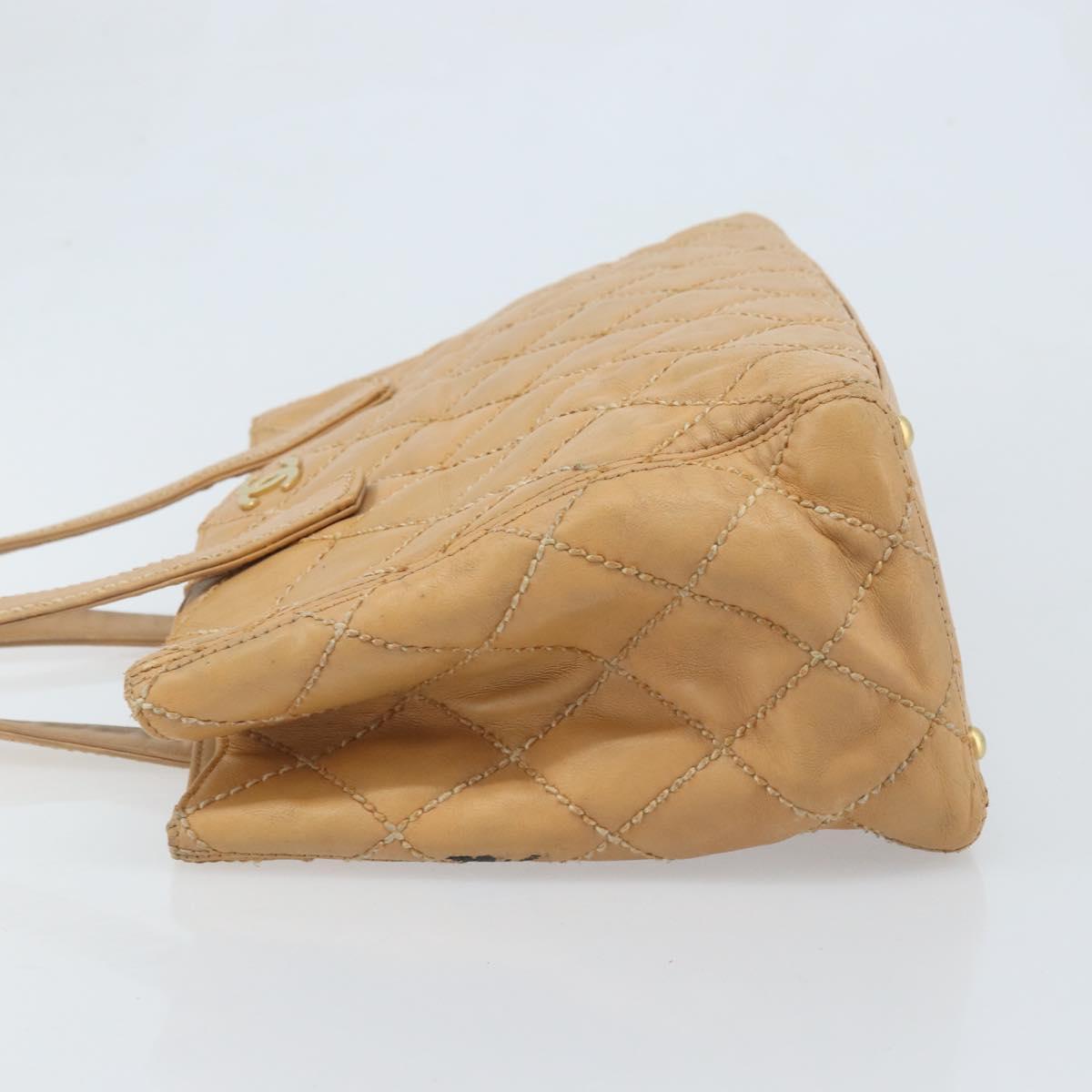 CHANEL Wild Stitch Hand Bag Leather Beige Gold CC Auth AMZ064