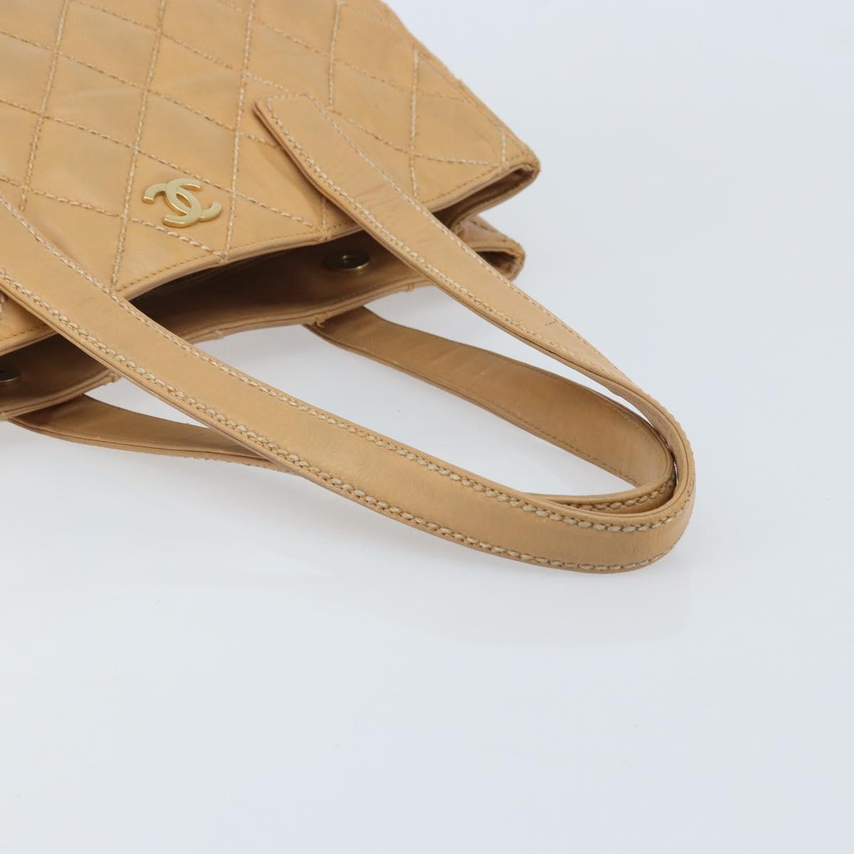CHANEL Wild Stitch Hand Bag Leather Beige Gold CC Auth AMZ064