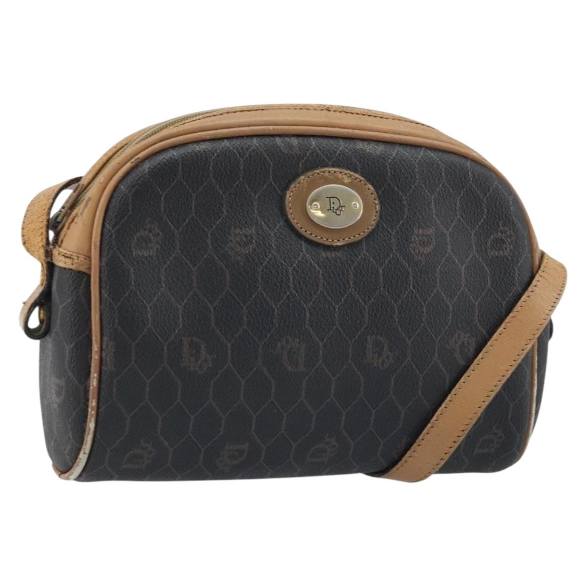 Christian Dior Honeycomb Canvas Shoulder Bag PVC Black Gold Auth AMZ067