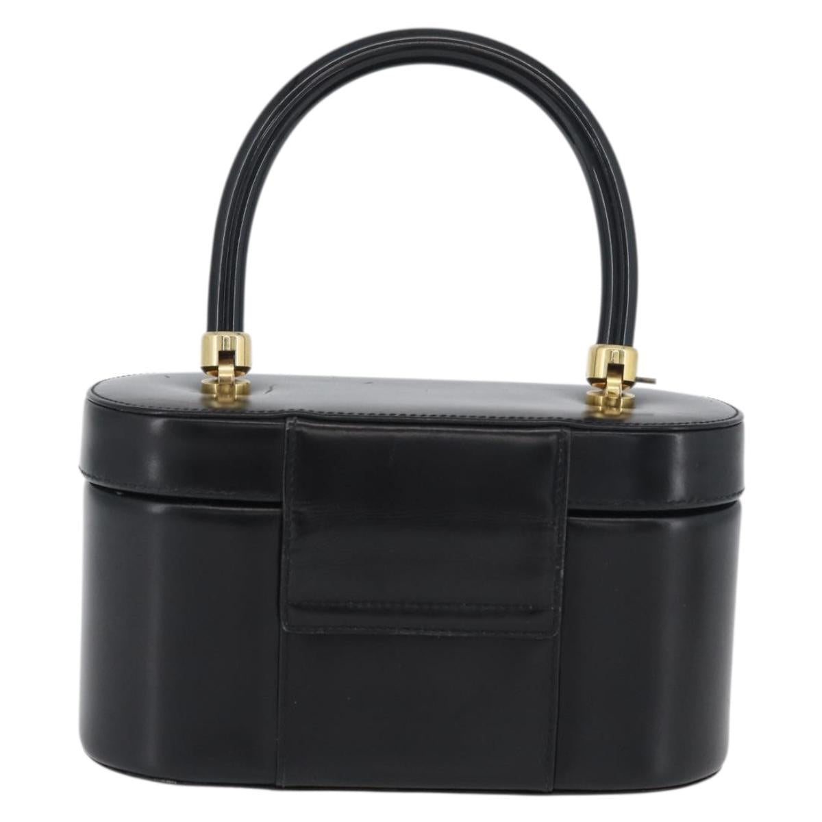 GUCCI Vanity Hand Bag Leather Black Gold Auth AMZ071A
