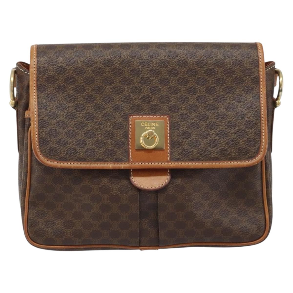 CELINE Macadam Canvas Shoulder Bag PVC Leather Brown Gold Auth AMZ082A