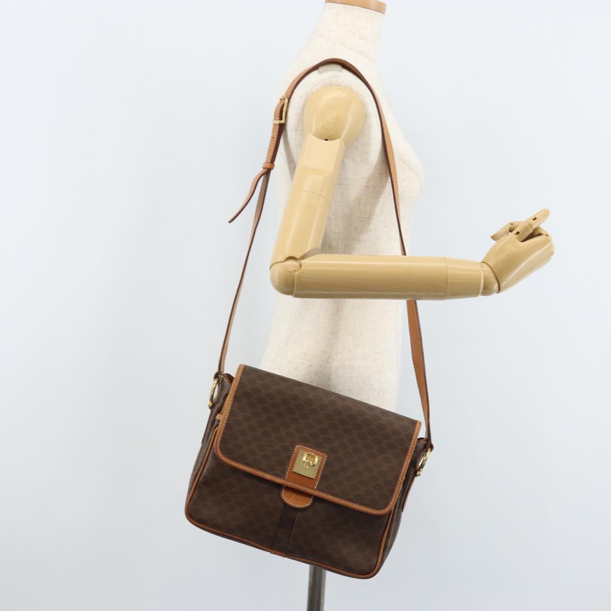 CELINE Macadam Canvas Shoulder Bag PVC Leather Brown Gold Auth AMZ082A