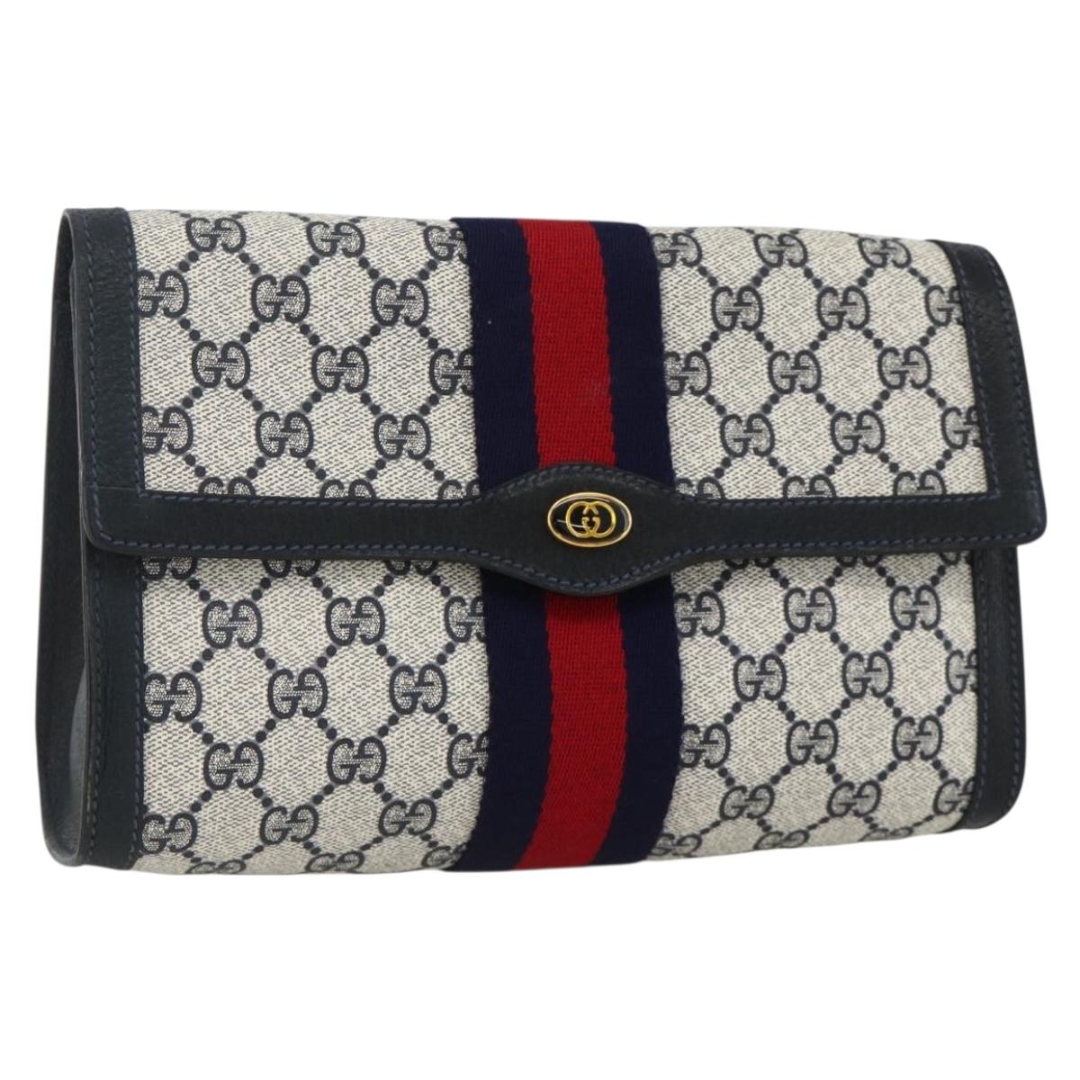 GUCCI GG Supreme Sherry Line Clutch Bag PVC Navy Red 67 014 3087 Auth AMZ090
