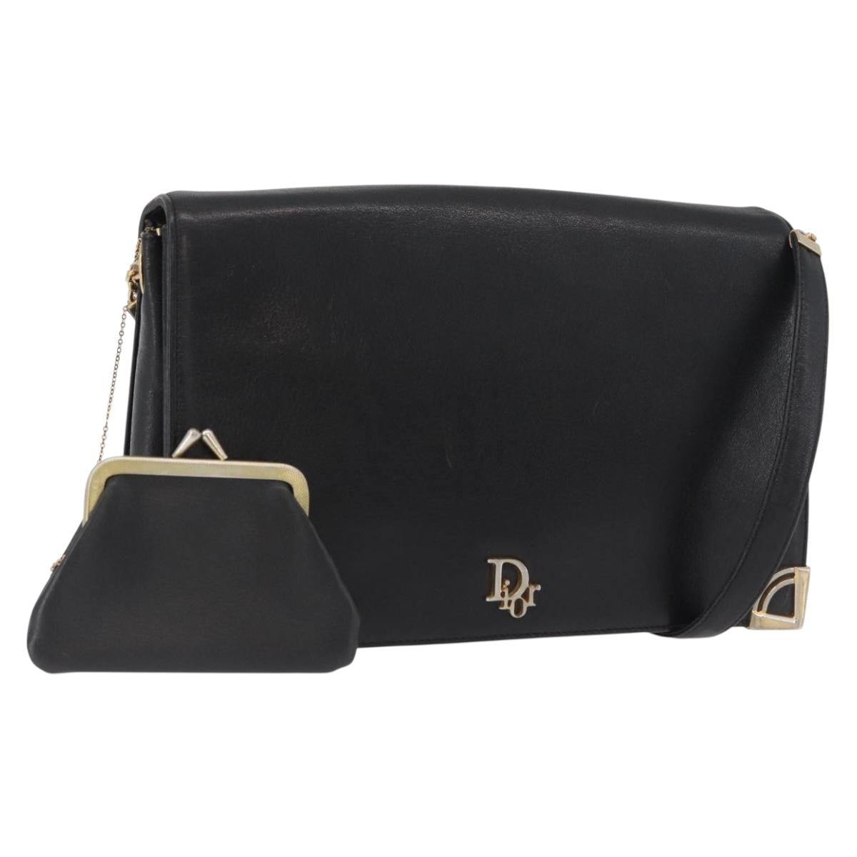 Christian Dior Shoulder Bag Calf Skin Black Gold Auth AMZ145A