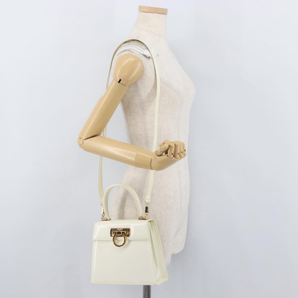 Salvatore Ferragamo Gancini Hand Bag Patent leather 2way Ivory Gold Auth AMZ162