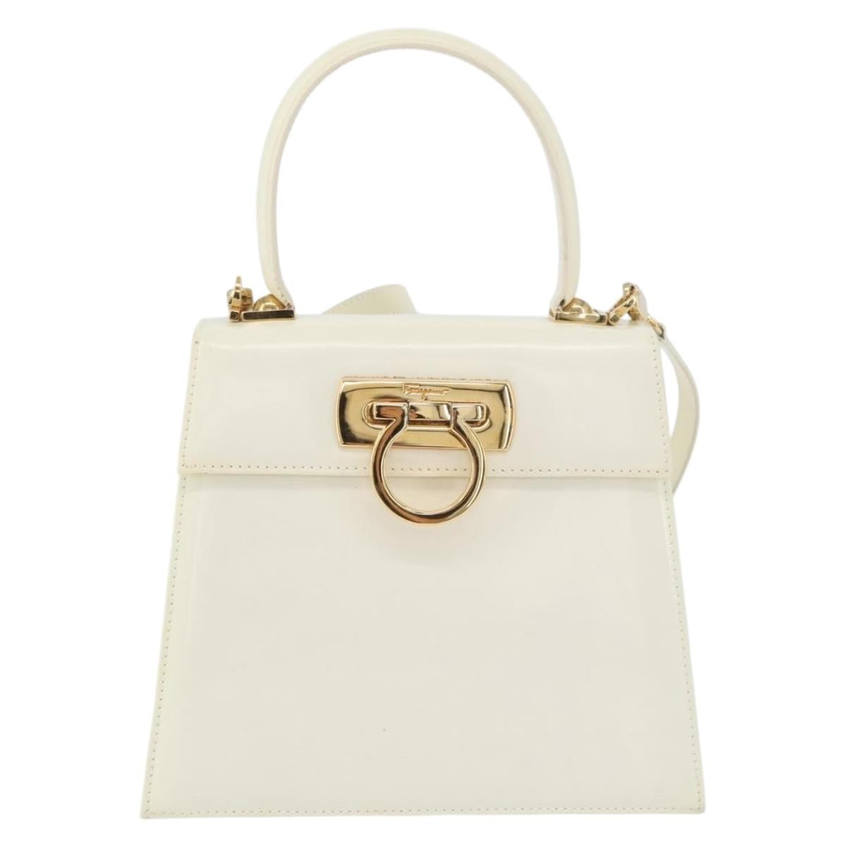 Salvatore Ferragamo Gancini Hand Bag Patent leather 2way Ivory Gold Auth AMZ162