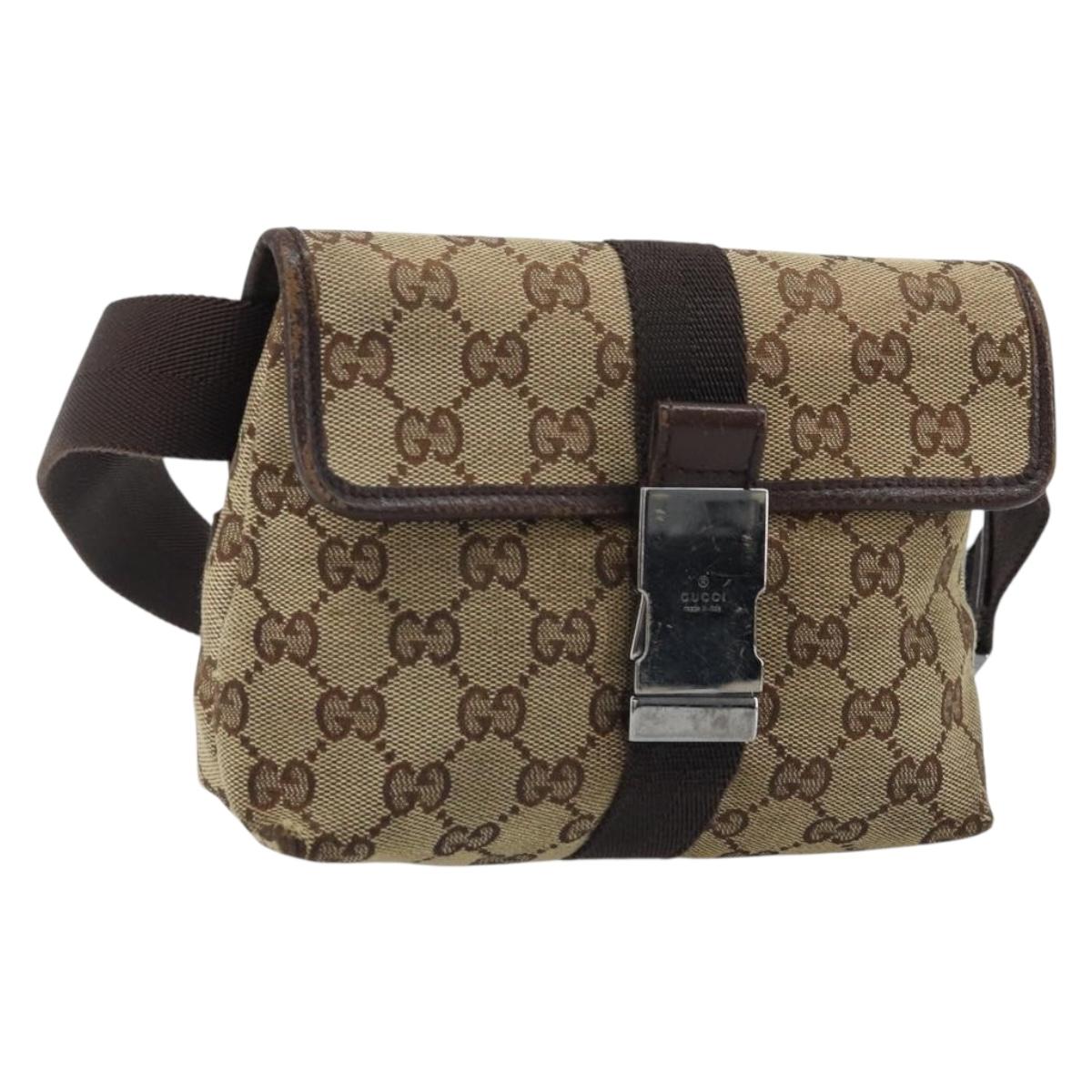 GUCCI GG Canvas Waist Bag Beige Silver 131236 Auth AMZ164