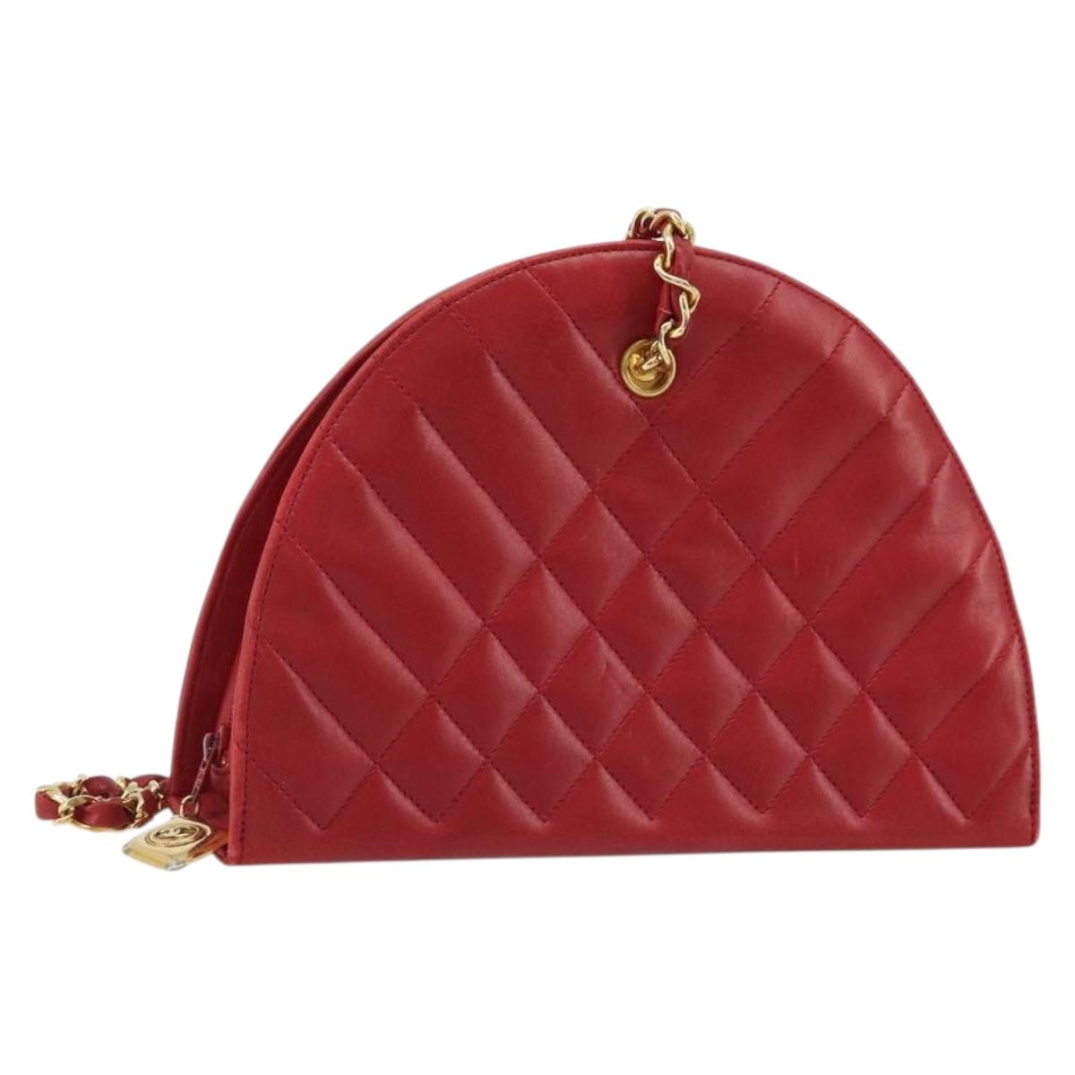 CHANEL Matelasse Chain Shoulder Bag Lamb Skin Red Gold CC Auth AMZ168A