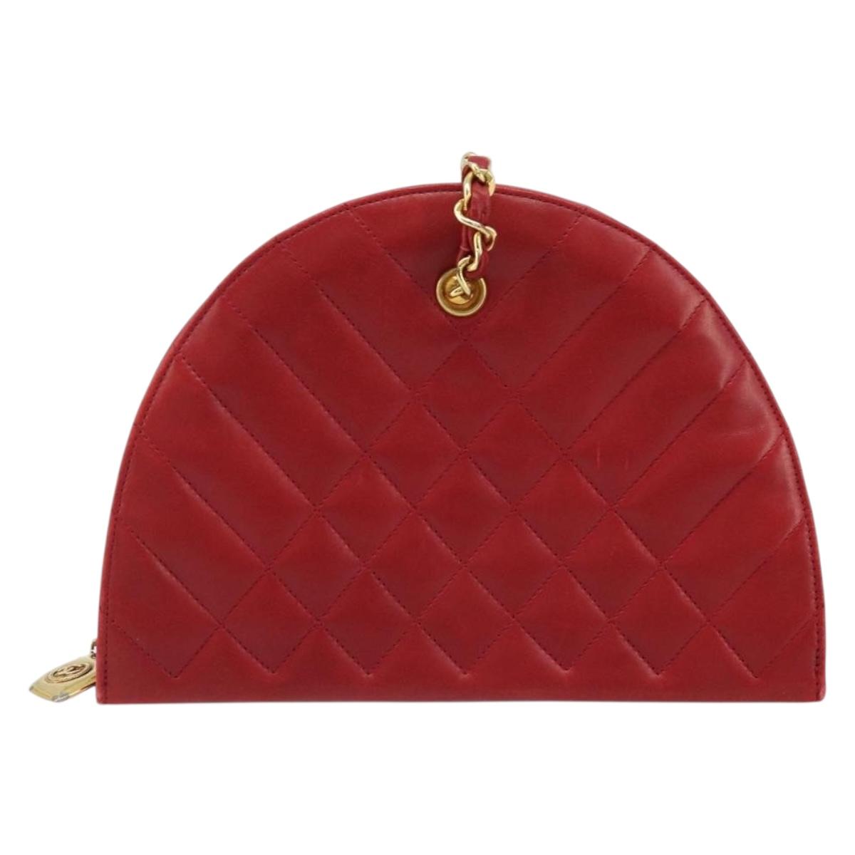 CHANEL Matelasse Chain Shoulder Bag Lamb Skin Red Gold CC Auth AMZ168A