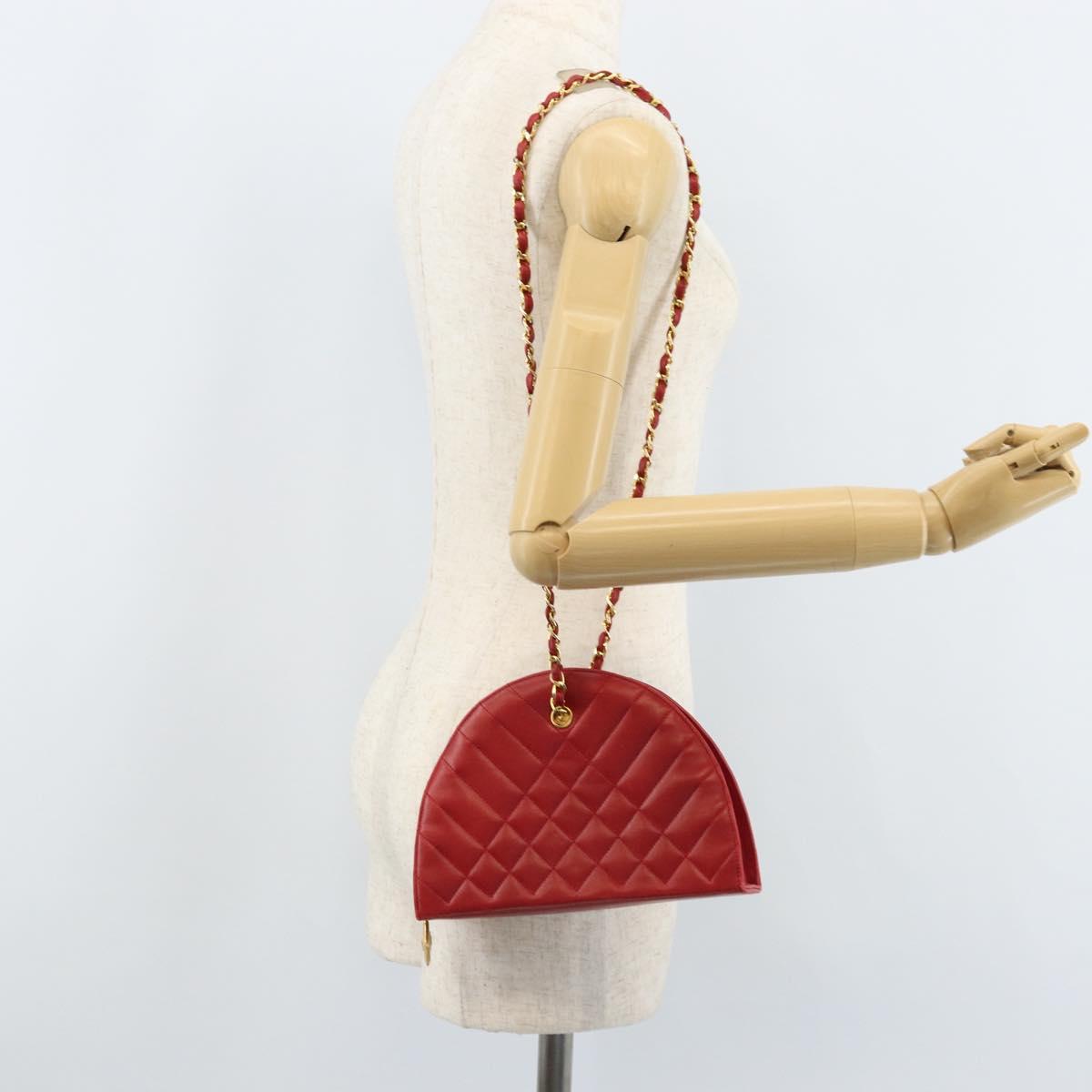 CHANEL Matelasse Chain Shoulder Bag Lamb Skin Red Gold CC Auth AMZ168A