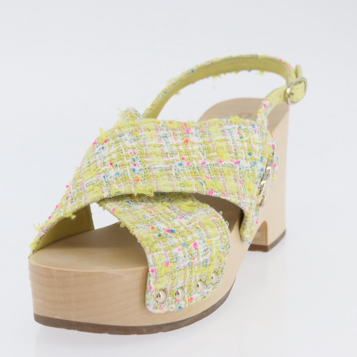 CHANEL COCO Mark Sandals Tweed Yellow CC Auth AMZ178M