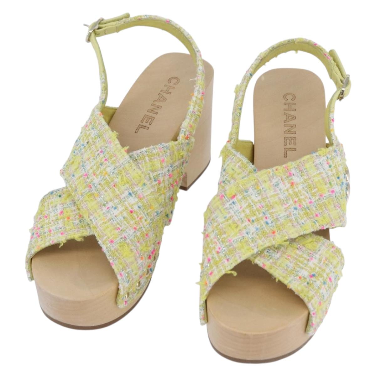 CHANEL COCO Mark Sandals Tweed Yellow CC Auth AMZ178M