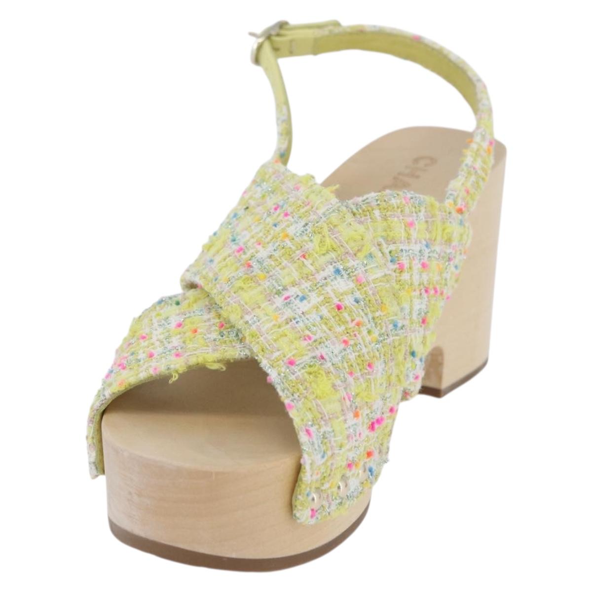 CHANEL COCO Mark Sandals Tweed Yellow CC Auth AMZ178M