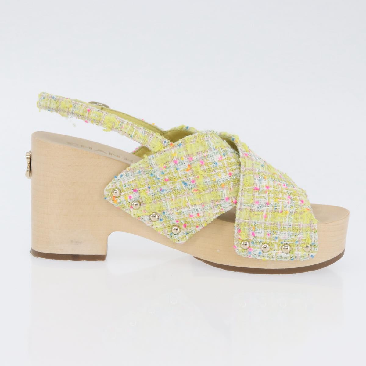 CHANEL COCO Mark Sandals Tweed Yellow CC Auth AMZ178M