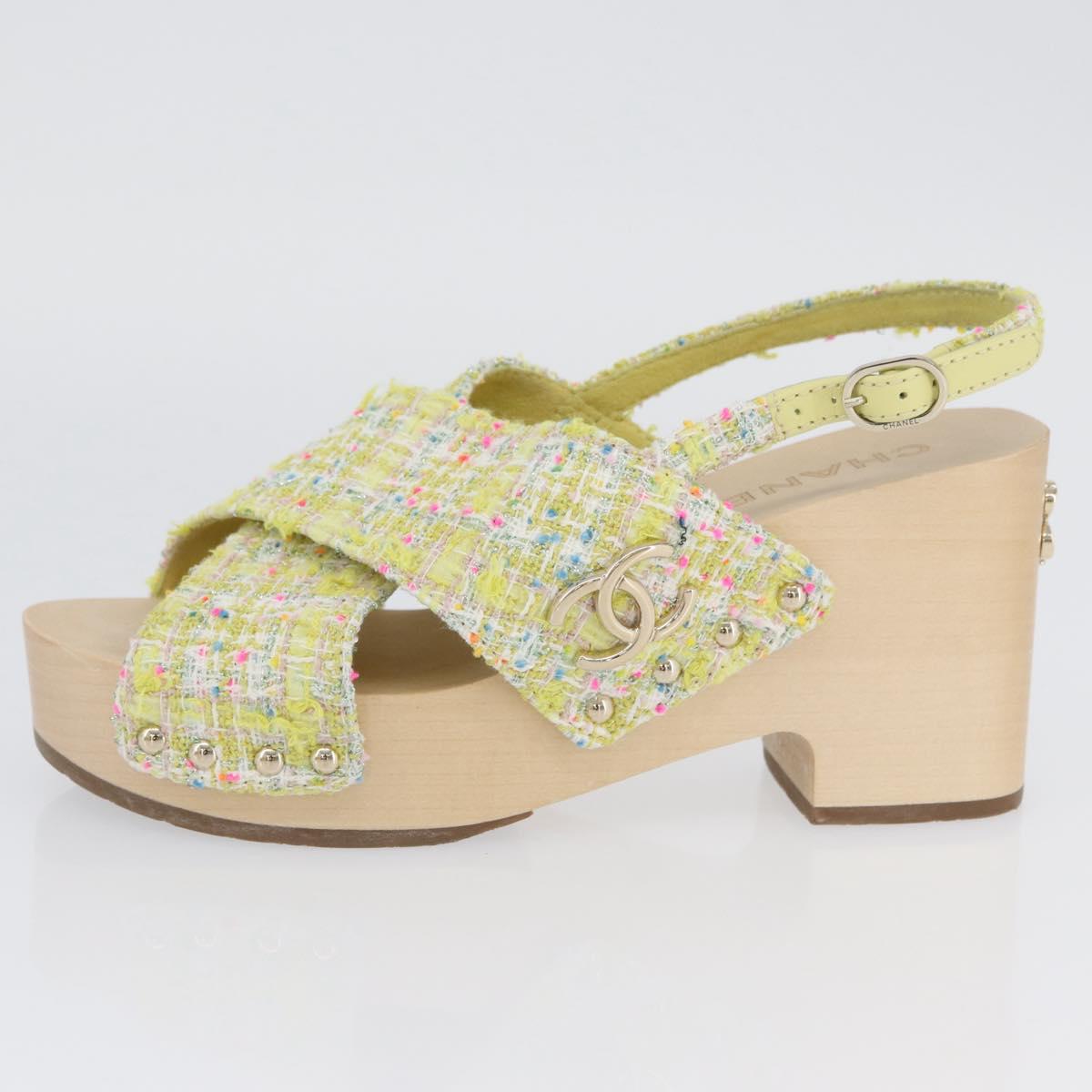 CHANEL COCO Mark Sandals Tweed Yellow CC Auth AMZ178M