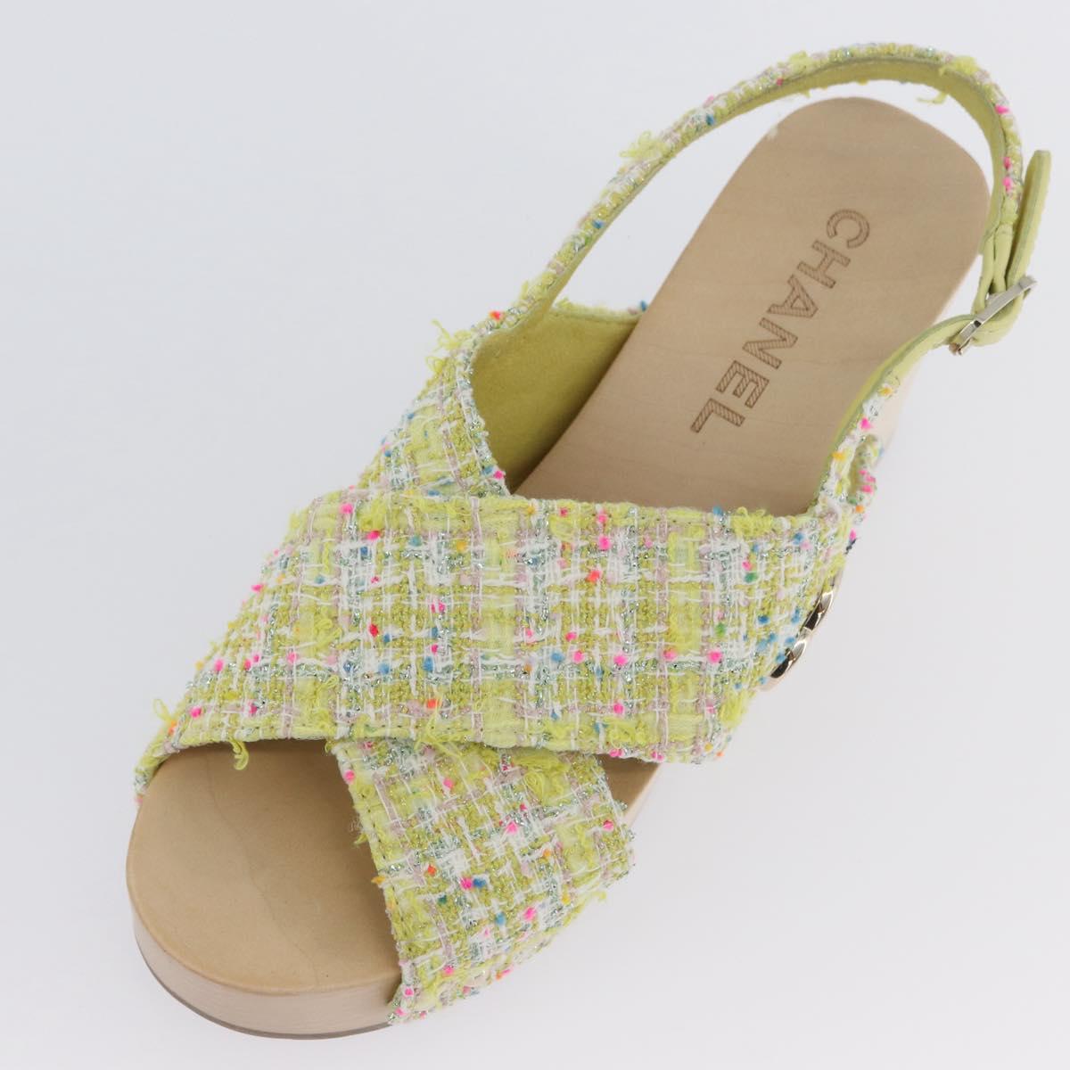 CHANEL COCO Mark Sandals Tweed Yellow CC Auth AMZ178M