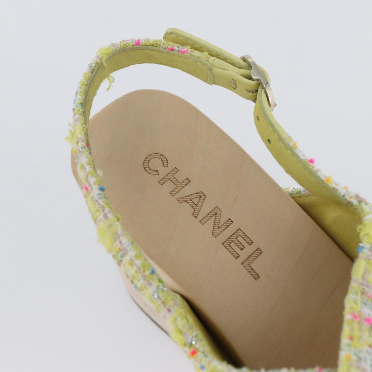CHANEL COCO Mark Sandals Tweed Yellow CC Auth AMZ178M