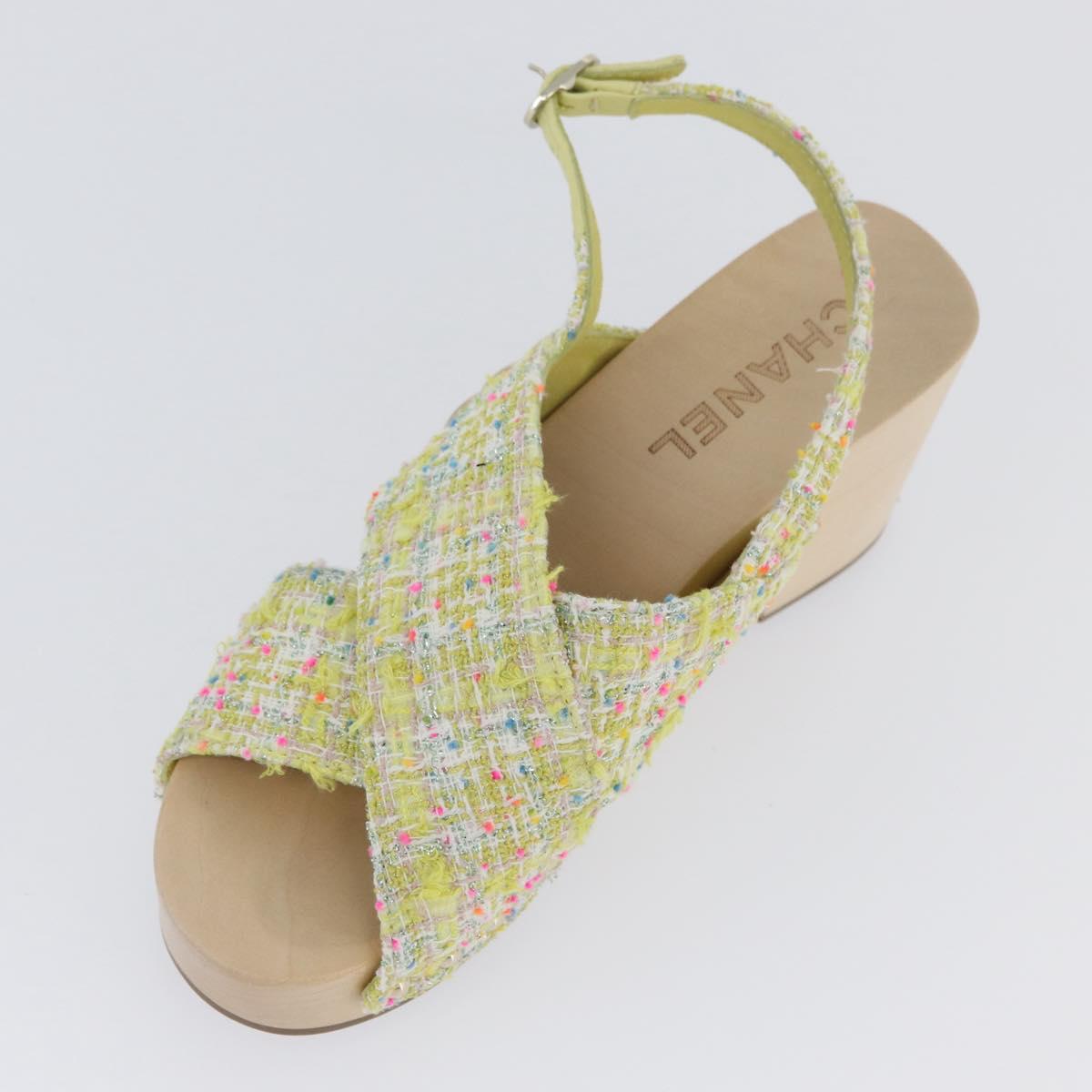 CHANEL COCO Mark Sandals Tweed Yellow CC Auth AMZ178M