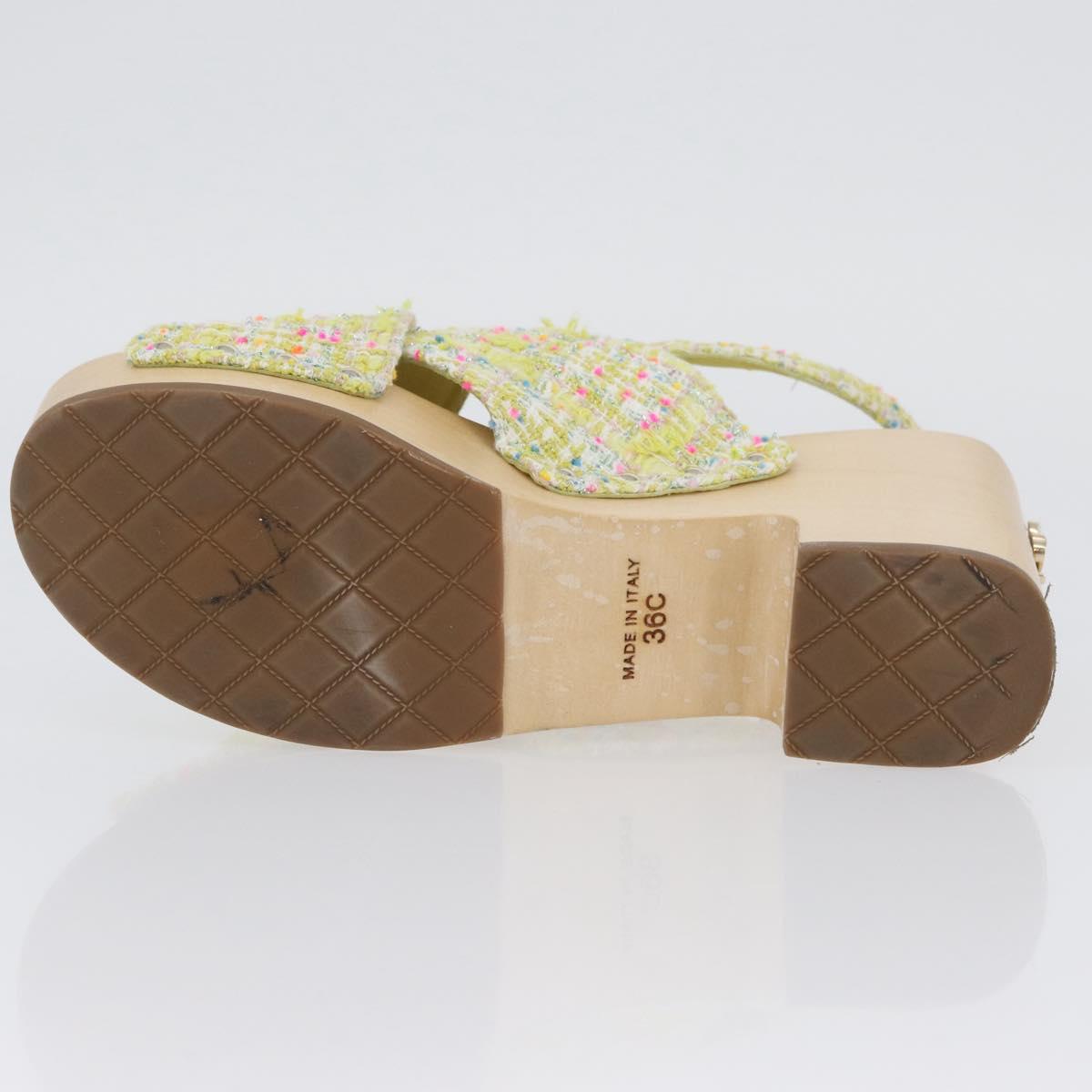 CHANEL COCO Mark Sandals Tweed Yellow CC Auth AMZ178M