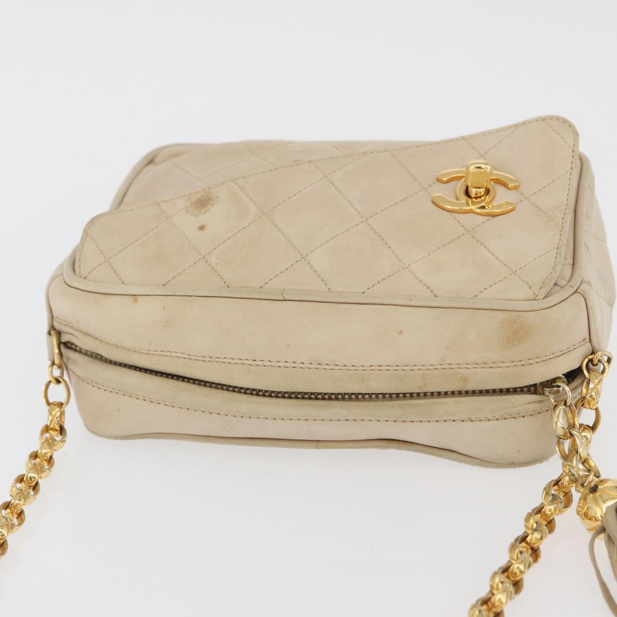CHANEL Matelasse Chain Shoulder Bag Lamb Skin Ivory Gold CC Auth AMZ315