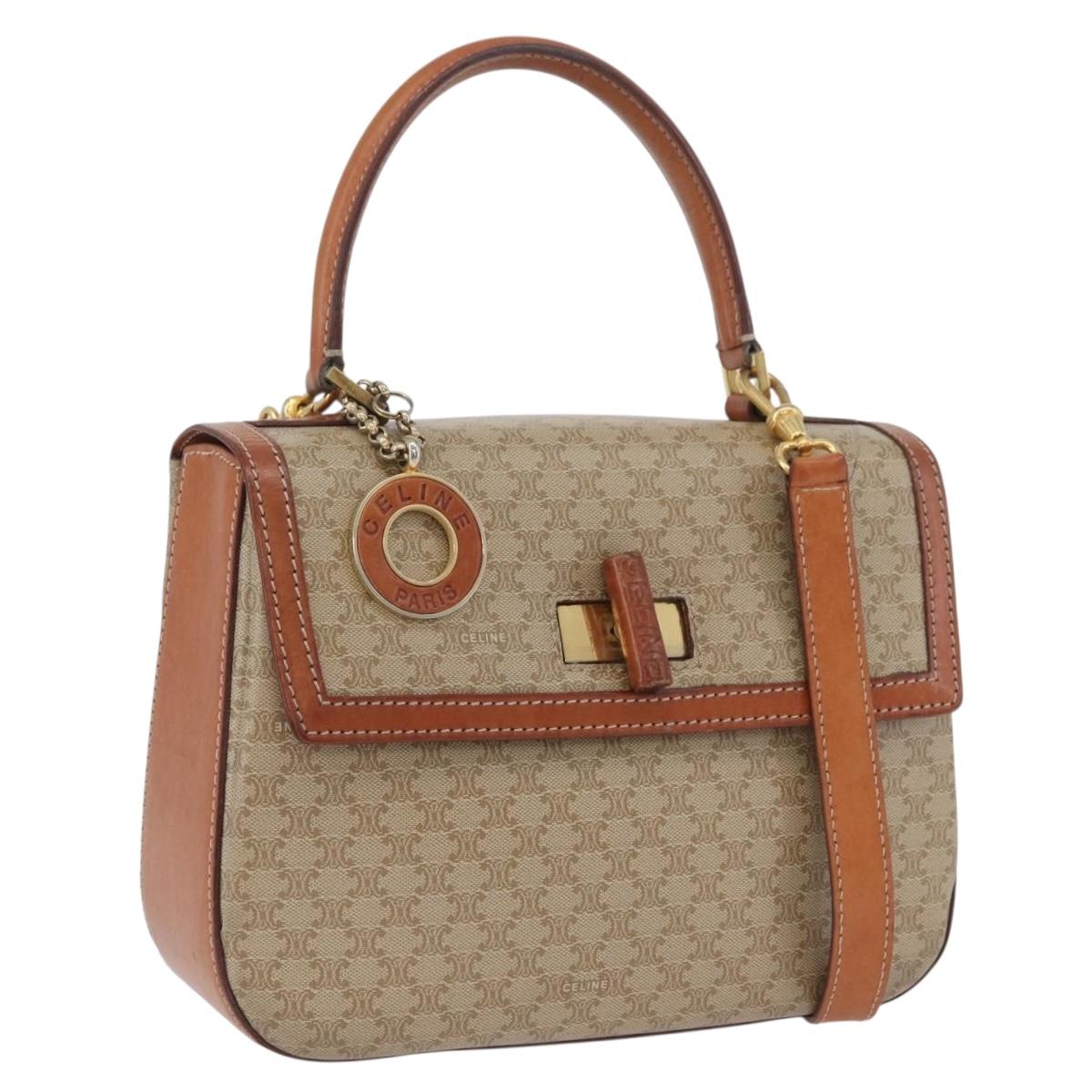 CELINE Macadam Canvas Circle Hand Bag PVC 2way Beige Gold Auth AMZ333A