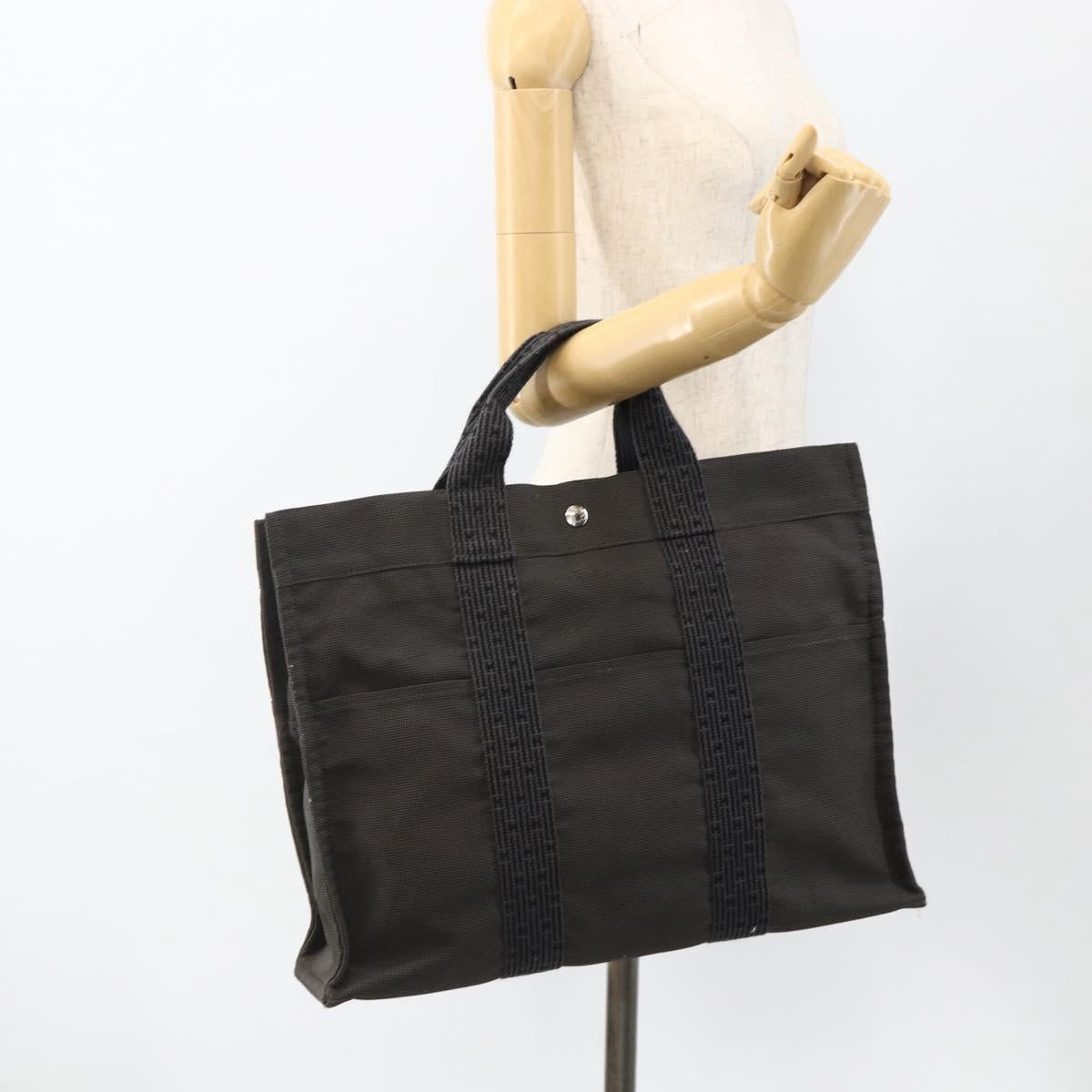 HERMES Her Line MM Hand Bag Canvas Gray Silver Auth AMZ335A
